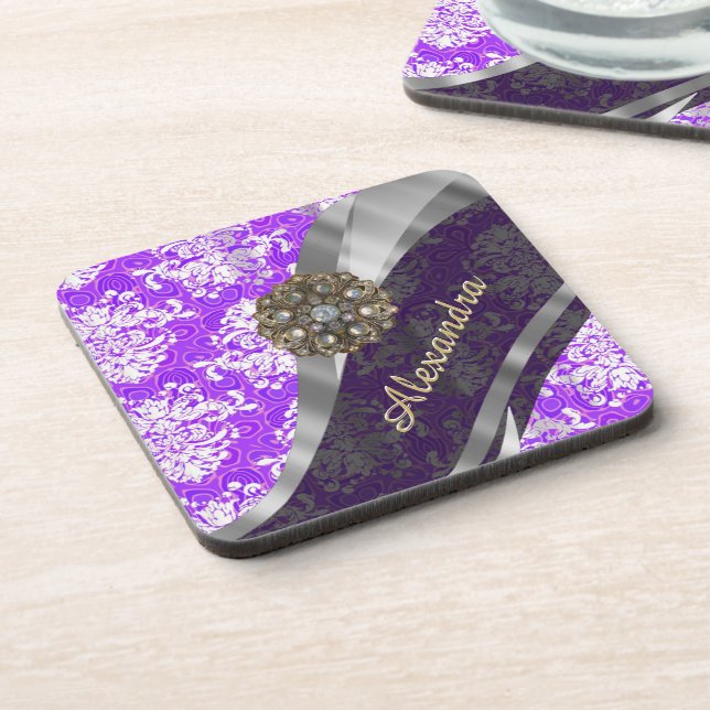Personalised purple pretty girly damask pattern coaster (Left Side)