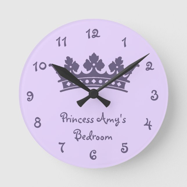 Personalised Purple Princess Girl's Bedroom Round Clock (Front)