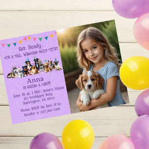 Personalised Purple Puppy Dog Birthday Invitation