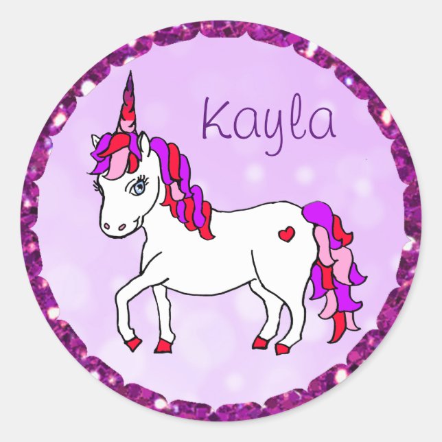 Personalised Purple Rainbow Horned  Unicorn Heart Classic Round Sticker (Front)