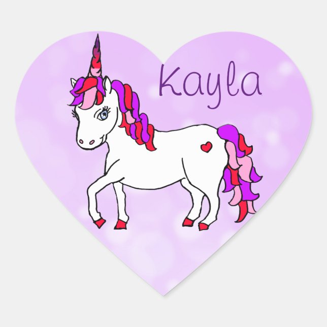 Personalised Purple Rainbow Horned Unicorn Heart Sticker (Front)