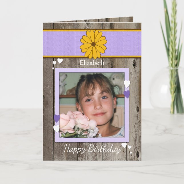 Personalised purple Rustic Birthday Photo greeting Card (Front)