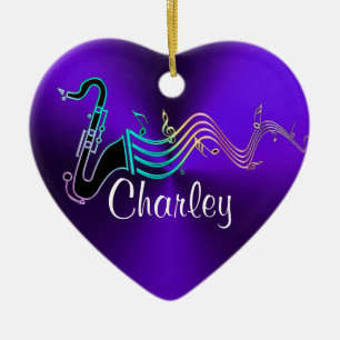 Personalised Purple Saxophone Music Holiday Heart Ceramic Tree Decoration