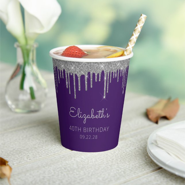 Personalised Purple Silver 40th Birthday Party Paper Cups (Insitu)