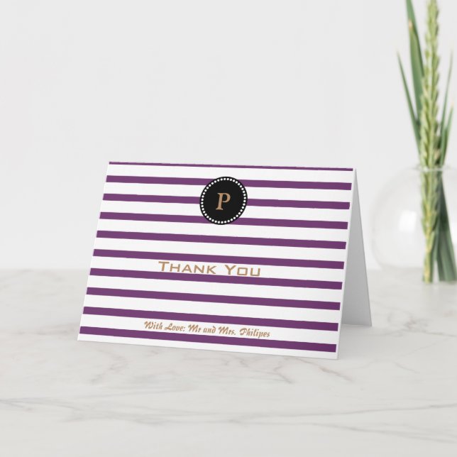 Personalised Purple Striped Monogram Thank You Card (Front)