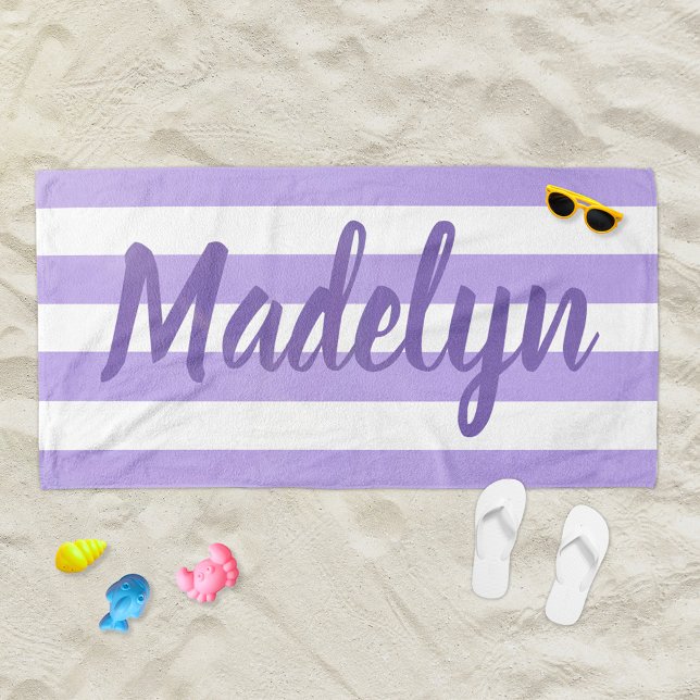 Personalised Purple Striped Script Name Beach Towel (Creator Uploaded)
