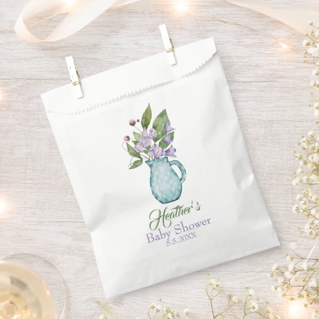 Personalised Purple Sweet Pea Flowers Baby Shower Favour Bags (Clipped)