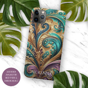 Personalised Purple Teal Green Gold Paisley Art iPhone 11 Pro Max Case