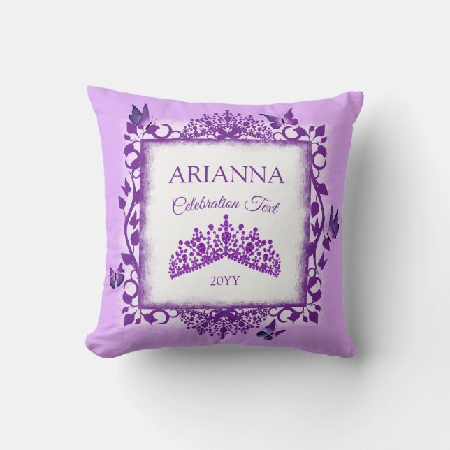Personalised Purple Tiara & Butterflies Keepsake Cushion (Front)