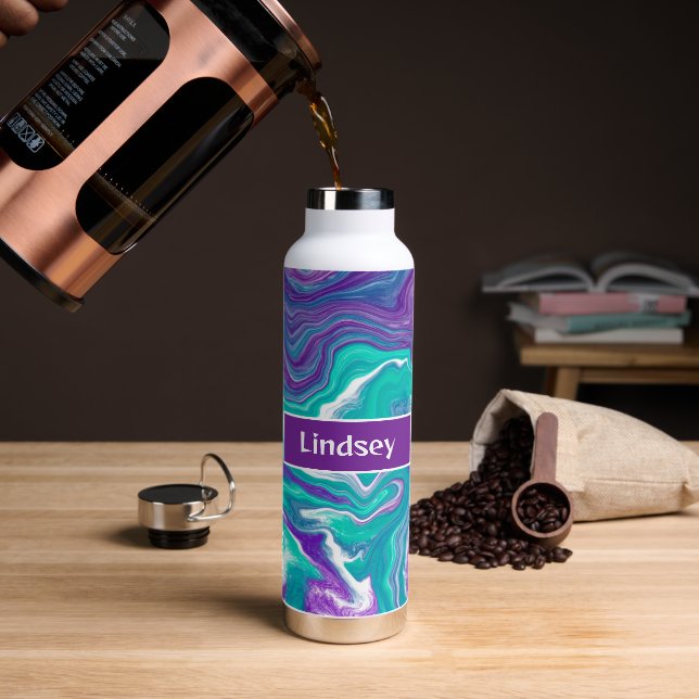 Personalised Purple, Turquoise Teal Fluid Art    Water Bottle (Coffee)