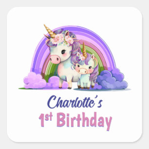 Personalised Purple Unicorn 1st Birthday Square Sticker