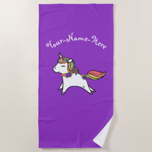 Personalised Purple Unicorn blue and pink flowers Beach Towel