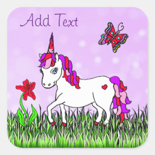 Personalised Purple Unicorn, Flowers and Butterfly Square Sticker