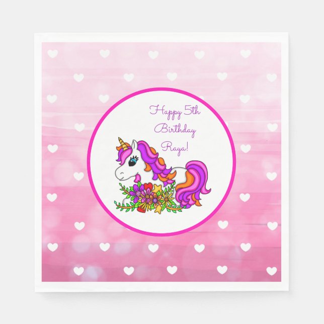 Personalised Purple Unicorn Happy Birthday Napkin (Front)