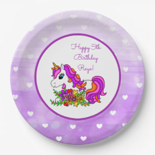 Personalised Purple Unicorn Happy Birthday Paper Plate