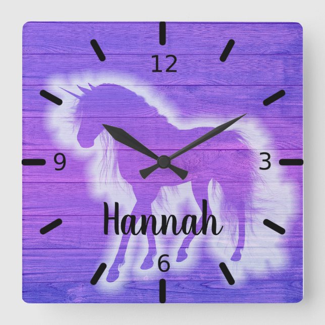 Personalised Purple Unicorn Square Wall Clock (Front)