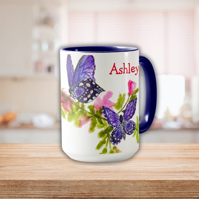 Personalised Purple Watercolor Butterfly & Flowers Mug (Personalized Purple Watercolor Butterfly & Flowers Mug)