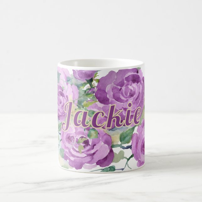 Personalised Purple Watercolor Floral Name Coffee  Coffee Mug (Center)