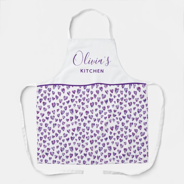 Personalised Purple Watercolor Heart Pattern Apron (Front)