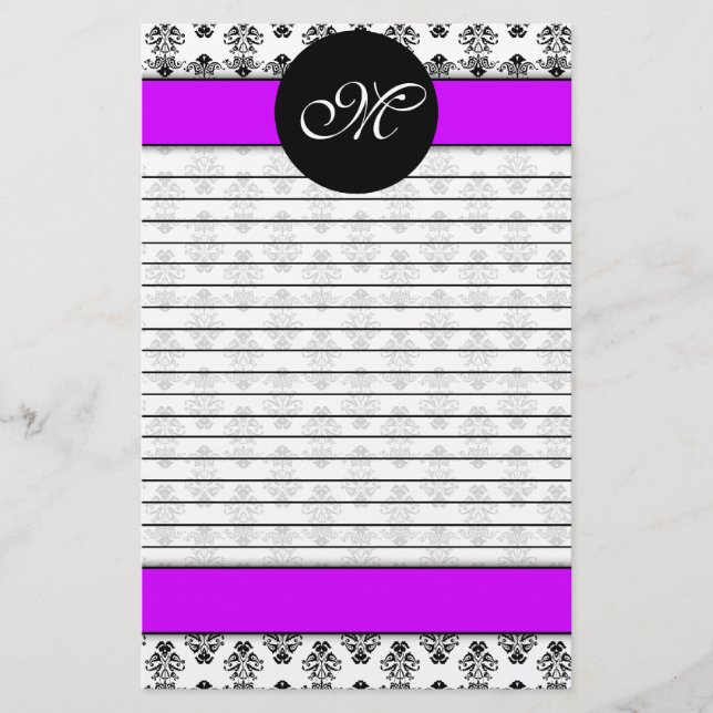 Personalised Purple & White Damask Lined Monogram Stationery (Front)