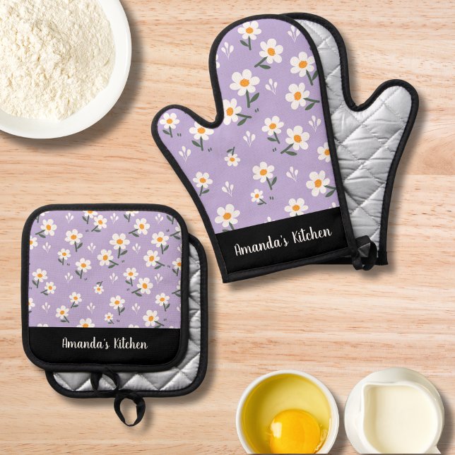 Personalised Purple White Floral Bloom Kitchen Oven Mitt & Pot Holder Set (Creator Uploaded)