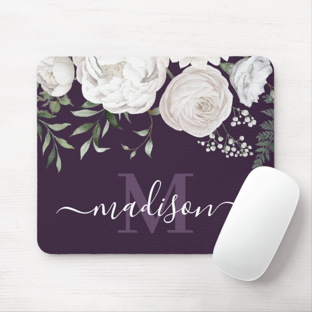 Personalised Purple White Floral Name Monogram Mouse Mat (With Mouse)