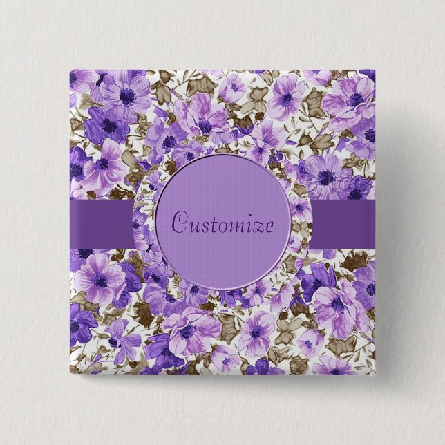 Personalised Purple & White Floral Square Button (Front)