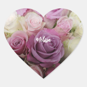 Personalised purple & white roses romantic floral  heart sticker