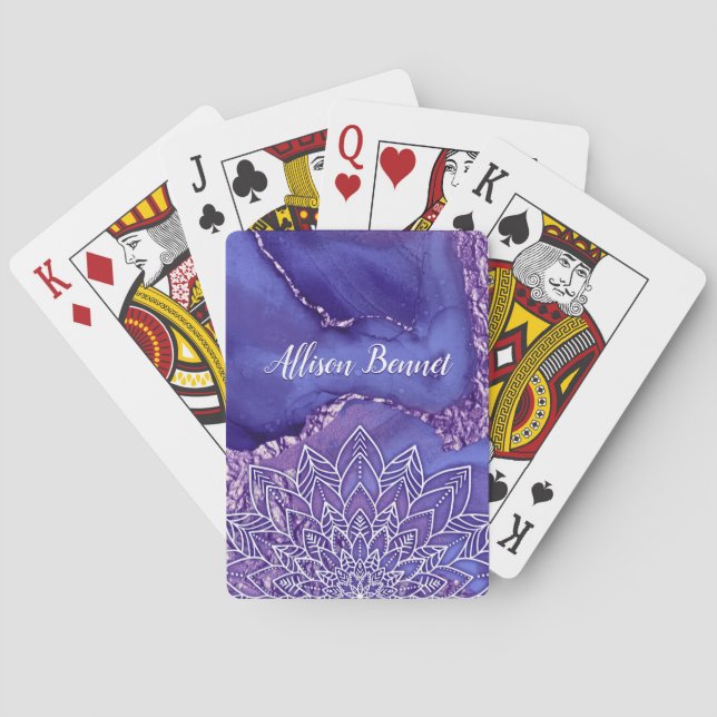 Personalised Purple White Watercolor Mandala Playing Cards (Back)