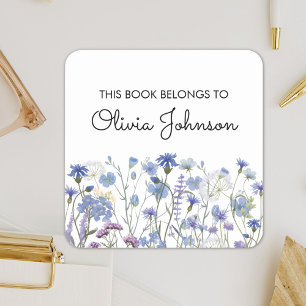 Personalised Purple Wildflower Floral Bookplate Square Sticker