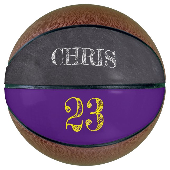 Personalised Purple Yellow Gold Number etching Basketball (Front)