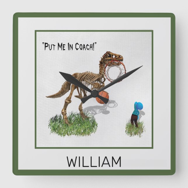 Personalised "Put Me in Coach" Dinosaur Art Square Wall Clock (Front)