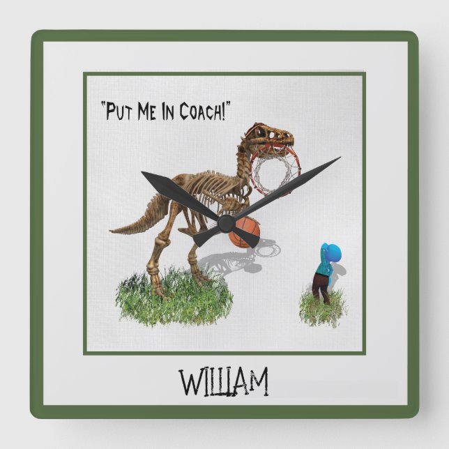 Personalised "Put Me in Coach" Dinosaur Art Square Wall Clock (Front)