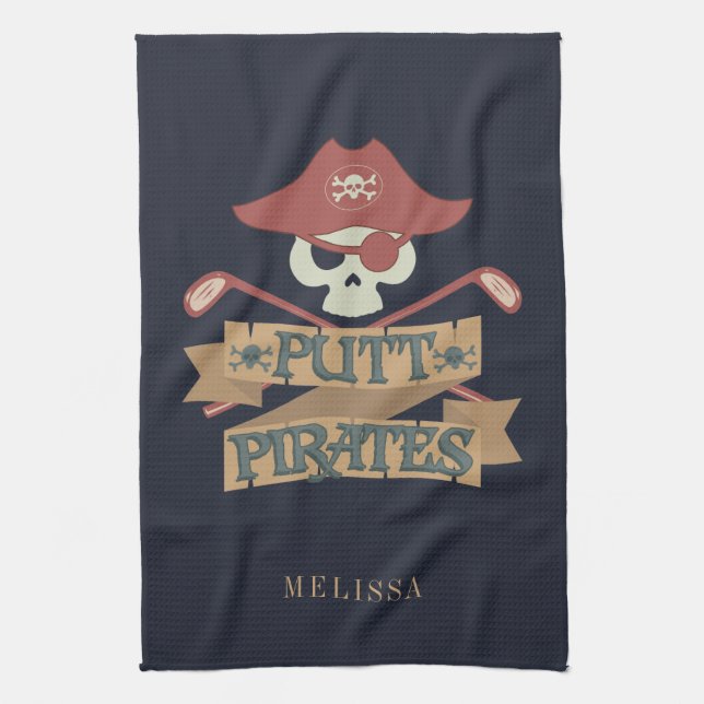 Personalised Putt Pirates Golfing Hobby Kitchen To Tea Towel (Vertical)