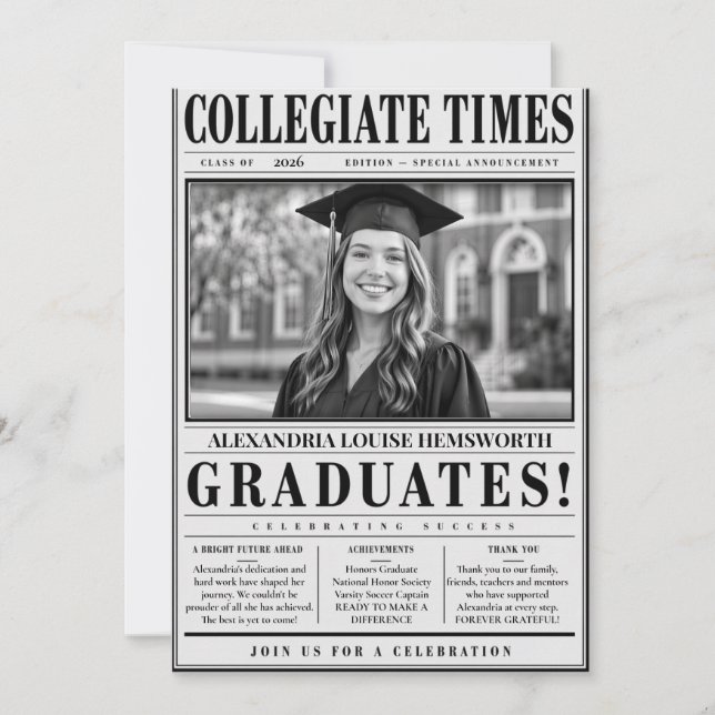 Personalised QR code Newspaper Graduation Invitation (Front)