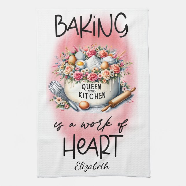 Personalised Queen of the Kitchen Pink Floral Tea Towel (Vertical)