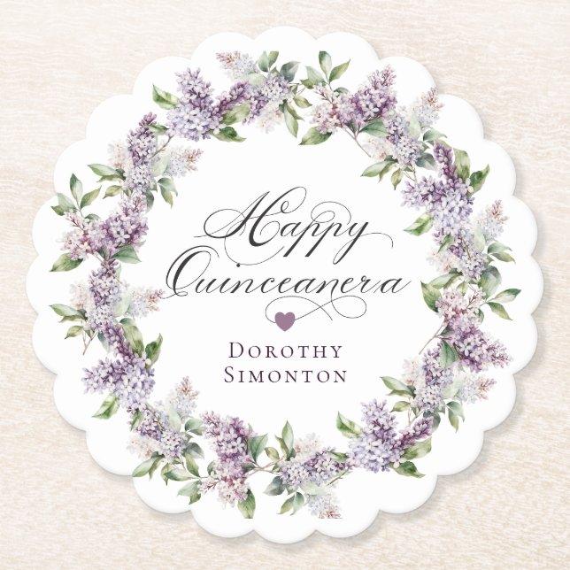 Personalised Quinceanera Purple Lilac Flower Paper Coaster (Front)