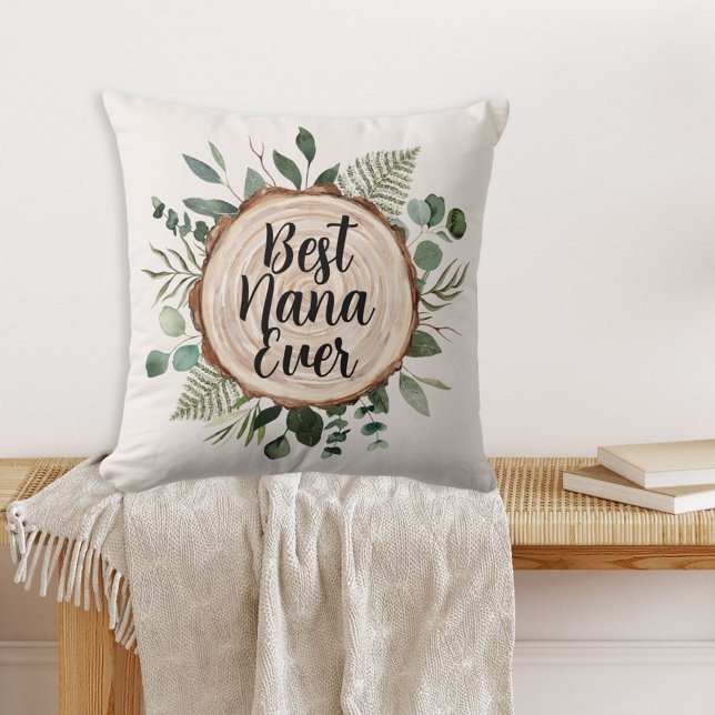Personalised Quote Rustic Wood and Green Foliage Cushion (In situ)