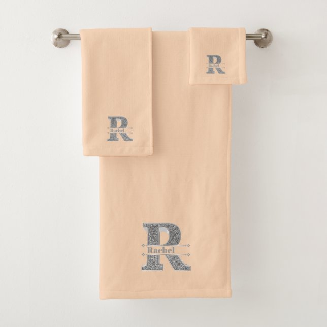 Personalised R Initial Silver Monogram Your Name B Bath Towel Set (Insitu)