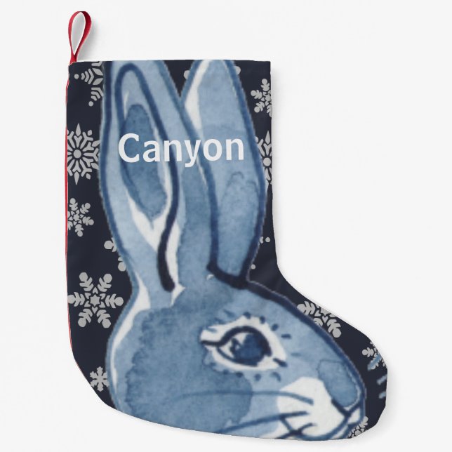 Personalised Rabbit Bunny Blue White Snowflake Art Small Christmas Stocking (Front)