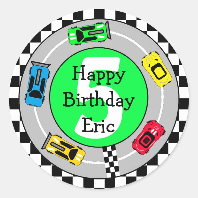 Personalised Race Car Boy's Birthday Classic Round Sticker (Front)