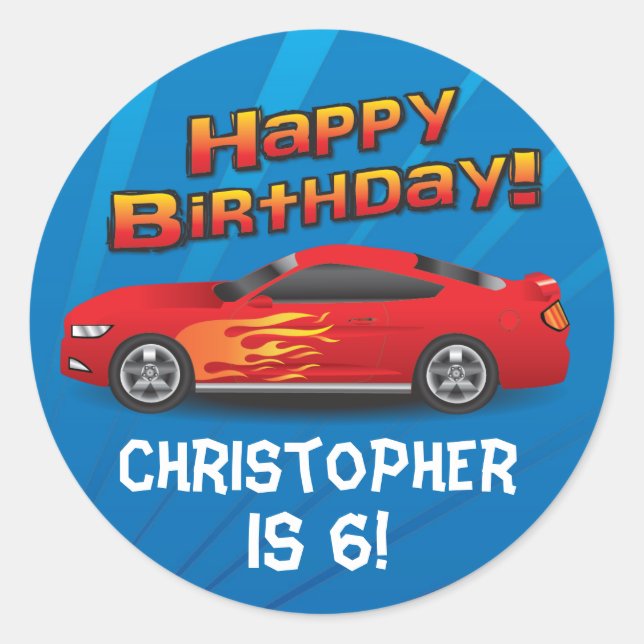 Personalised Race Car Flames Boy's Birthday Party Classic Round Sticker (Front)