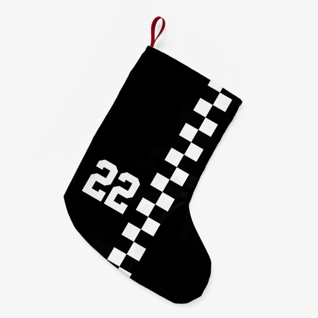 Personalised Racing Flag Black And White Small Christmas Stocking (Front (Hanging))