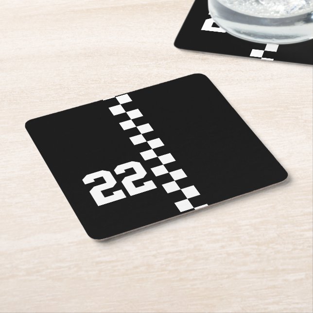 Personalised Racing Flag Black And White Square Paper Coaster (Angled)