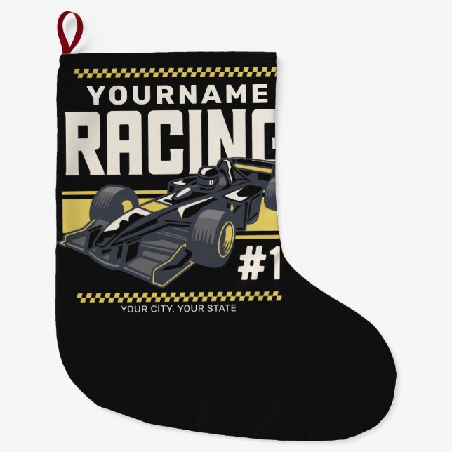 Personalised Racing Team Fast Race Car Driver Large Christmas Stocking (Front)