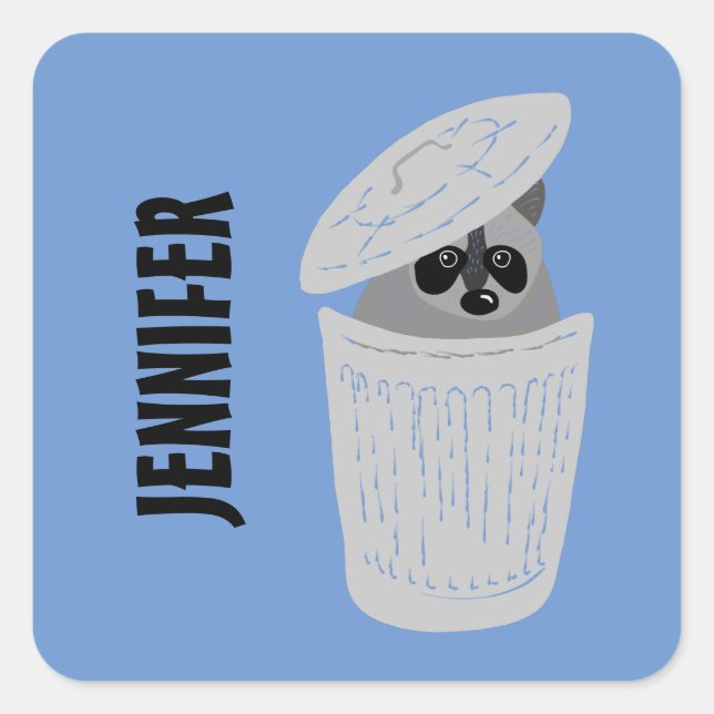 Personalised Racoon in a Garbage Can Square Sticker (Front)