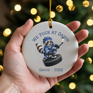 Personalised Racoon We Puck at Dawn Hockey Orname Ceramic Tree Decoration