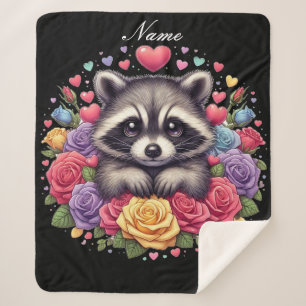 Personalised Racoon with Flowers and Hearts Sherpa Blanket