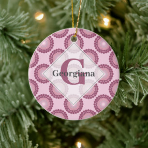 Personalised Radiant Dusky Rose Polka Dot Mandala Ceramic Tree Decoration