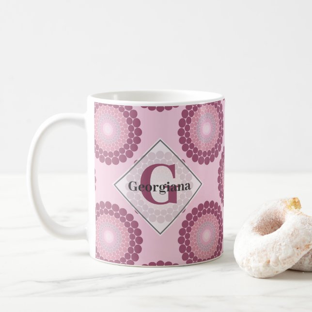 Personalised Radiant Dusky Rose Polka Dot Mandala Coffee Mug (With Donut)